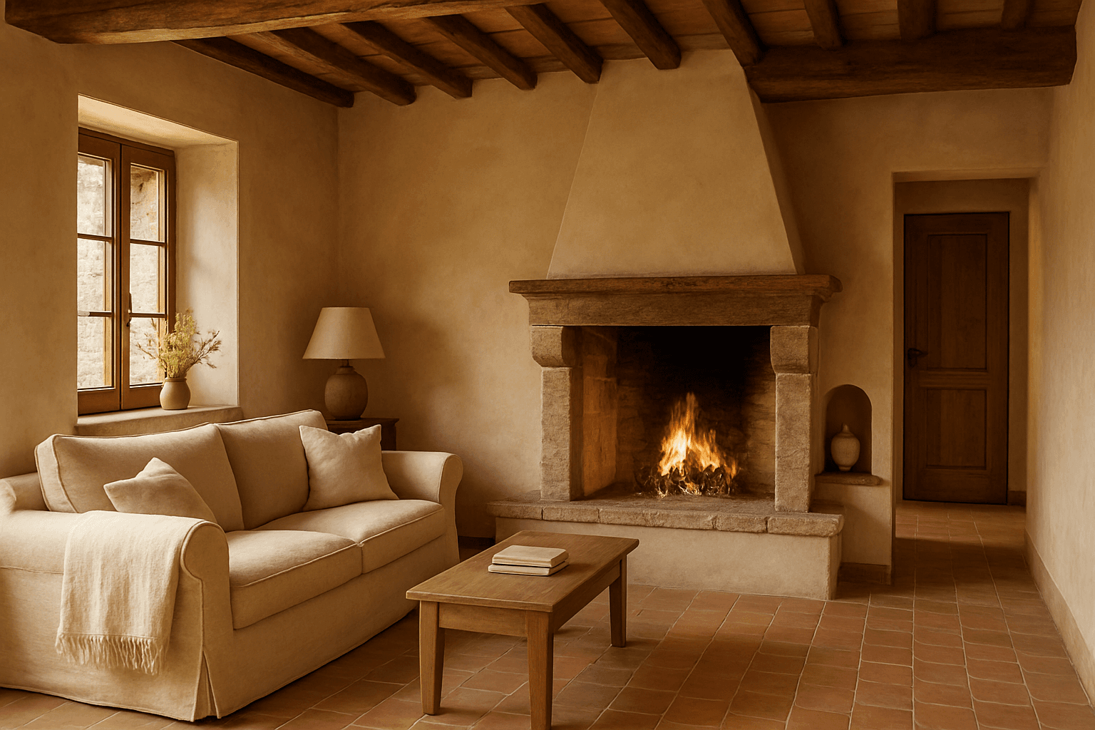 Salotto rustico toscano con travi a vista e camino acceso