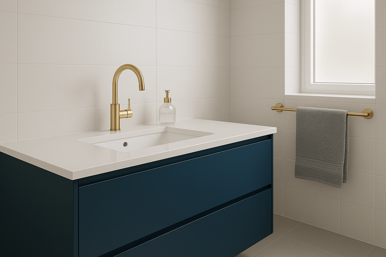 Lavandino bagno moderno mobile blu scuro rubinetto oro dispenser sapone trasparente piano bianco piastrelle bianche orizzontali portasciugamani oro asciugamano grigio finestra luce bagno design contemporaneo