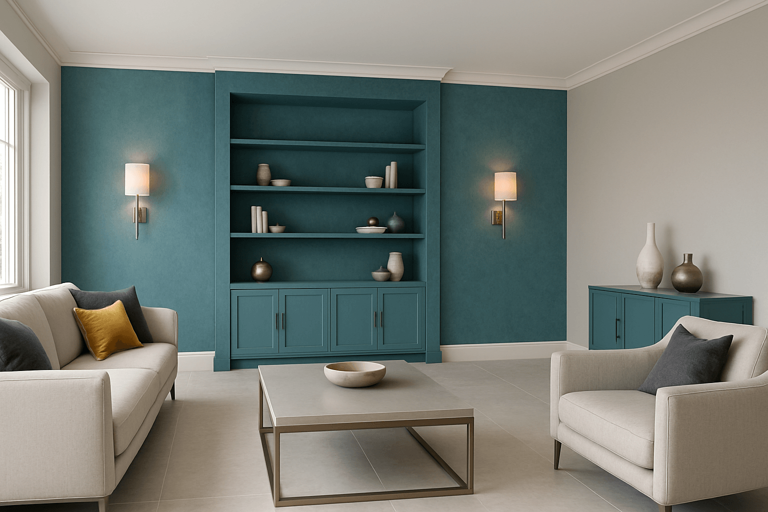 Soggiorno elegante pareti blu petrolio divano beige poltrona chiara libreria a muro blu lampade da parete oro tavolino grigio decorazioni ceramica pavimento grigio chiaro design raffinato