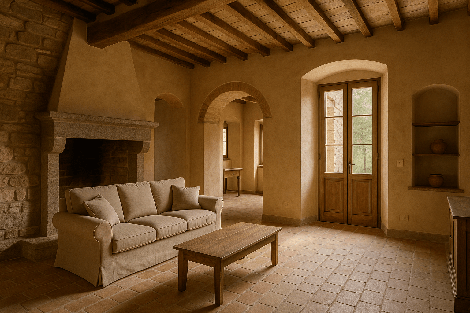 Salotto rustico toscano con travi a vista