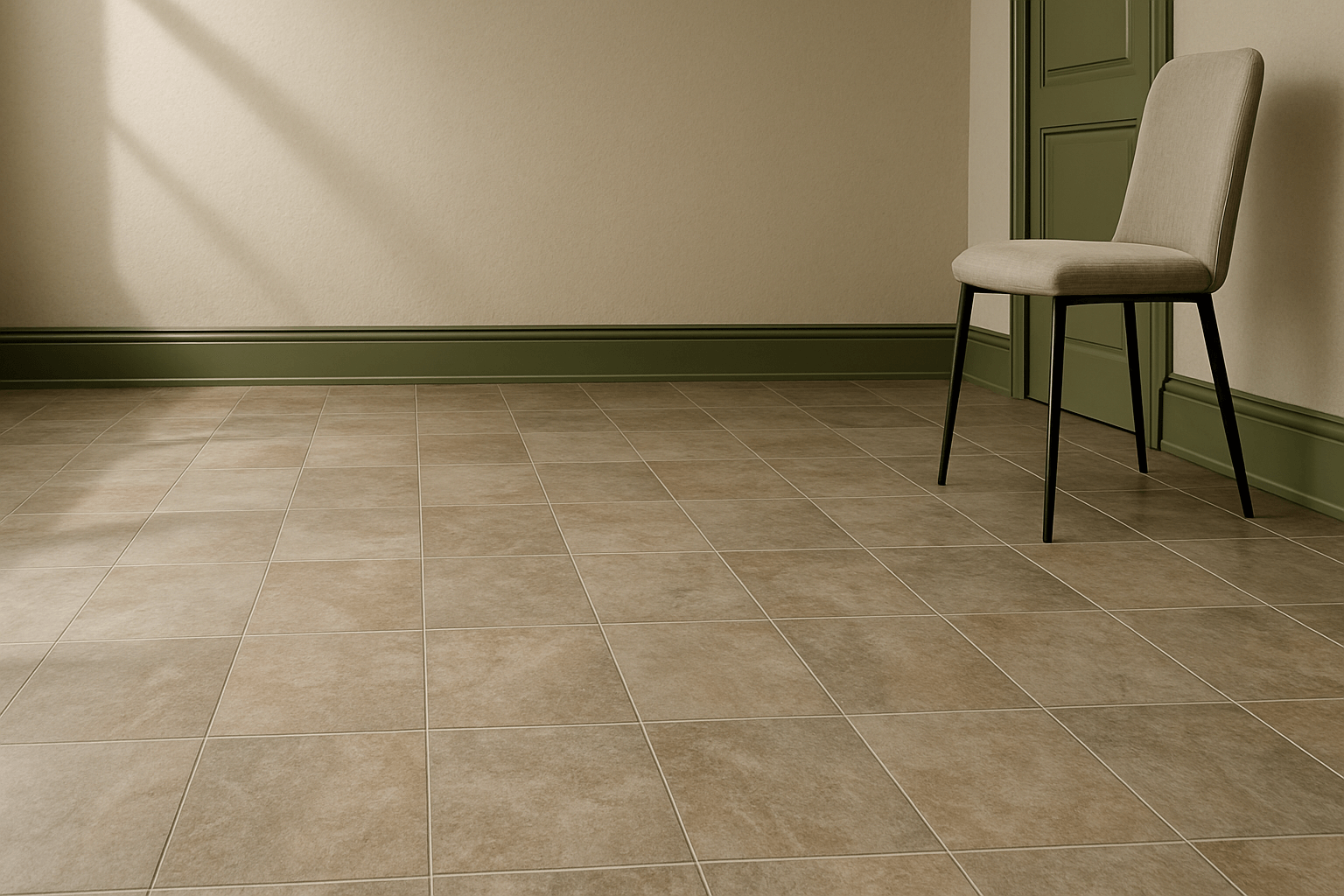 Pavimento piastrelle beige chiaro fuga scura sedia design gambe nere parete verde oliva battiscopa ombra luce finestra interno stanza stile moderno