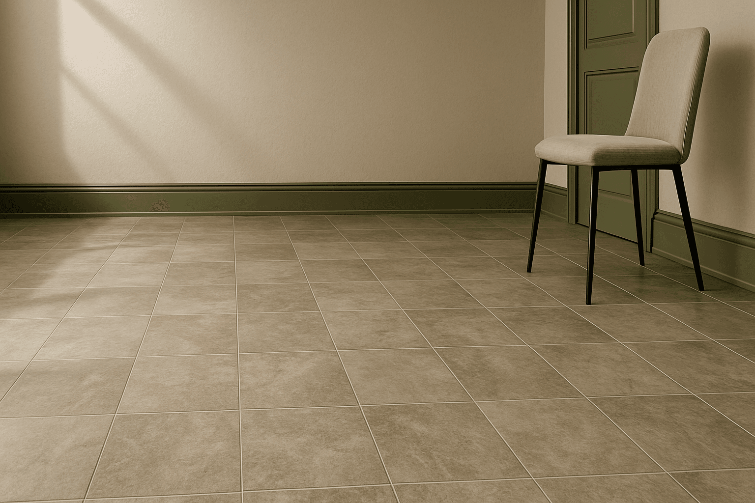 Pavimento piastrelle beige chiaro fuga scura sedia design gambe nere parete verde oliva battiscopa ombra luce finestra interno stanza stile moderno