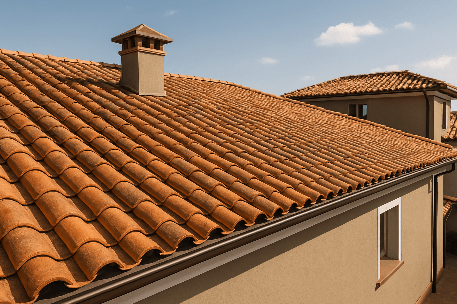 Tetto coppi terracotta tradizionale italiano tegole curve camino laterale grondaia marrone cielo azzurro nuvole dettaglio copertura casa stile rustico