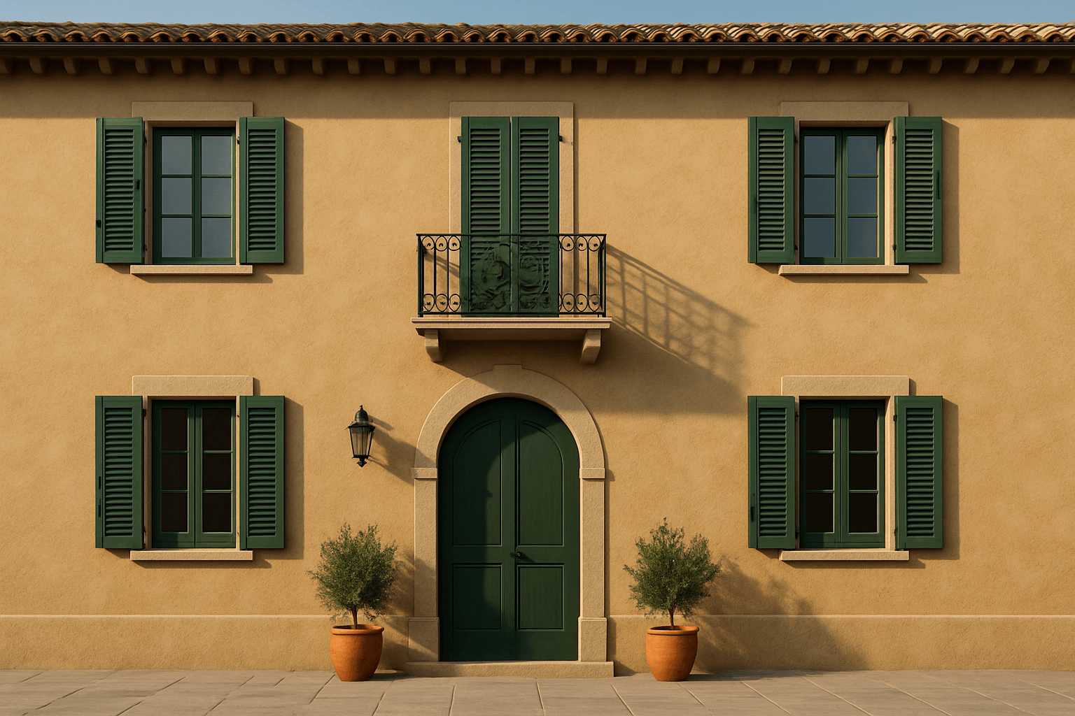 Facciata casa stile italiano intonaco giallo finestre scuri persiane verdi balcone ferro battuto porta ad arco verde lampada muro piante olivo in vaso ombra soleggiata architettura mediterranea